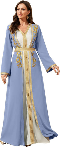 Elegant Muslim Dress with Gold Embroidered Evening Gown, Traditional Islamic Attire