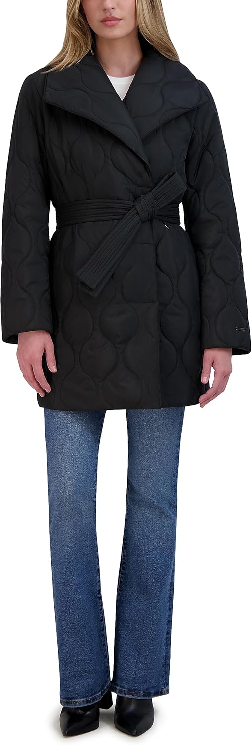 TAHARI womens Hourglass Quilted Wrap Coat