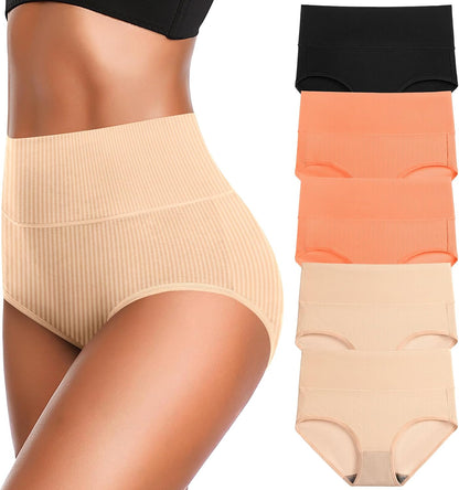 Women's High Waist Cotton Underwear Super Stretchy Briefs Full Coverage Panties Soft Women Panties 5-Pack