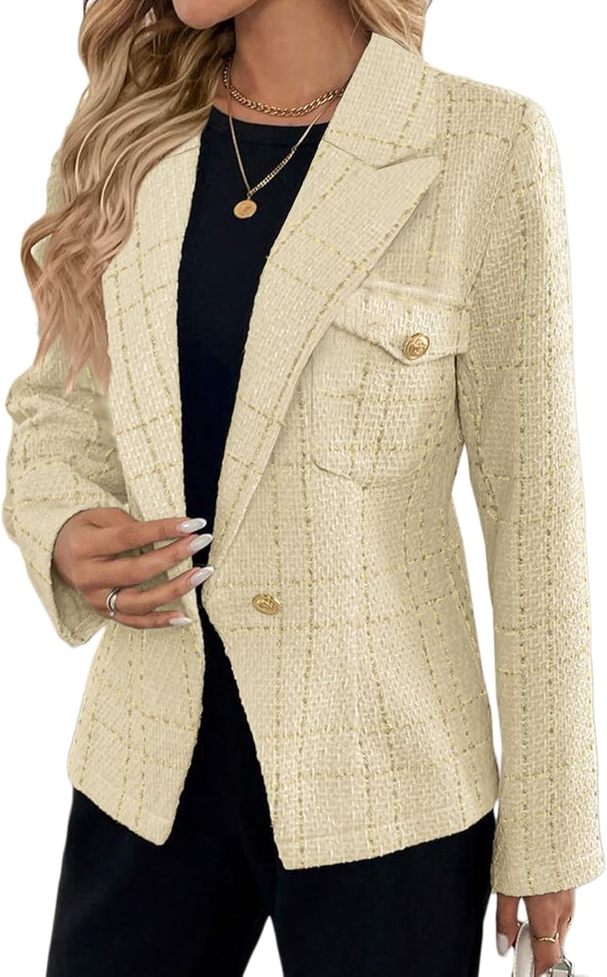 Mina Self 2025 Fall Women's Tweed Blazer Plaid - Slim Fully-Lined Fashion Casual Elegant Work Office Suit Jacket with Pockets