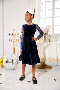 Arshiner Girls Dresses Contrast Mesh Velvet Long Sleeve A-Line Vintage Party Dress with Pockets