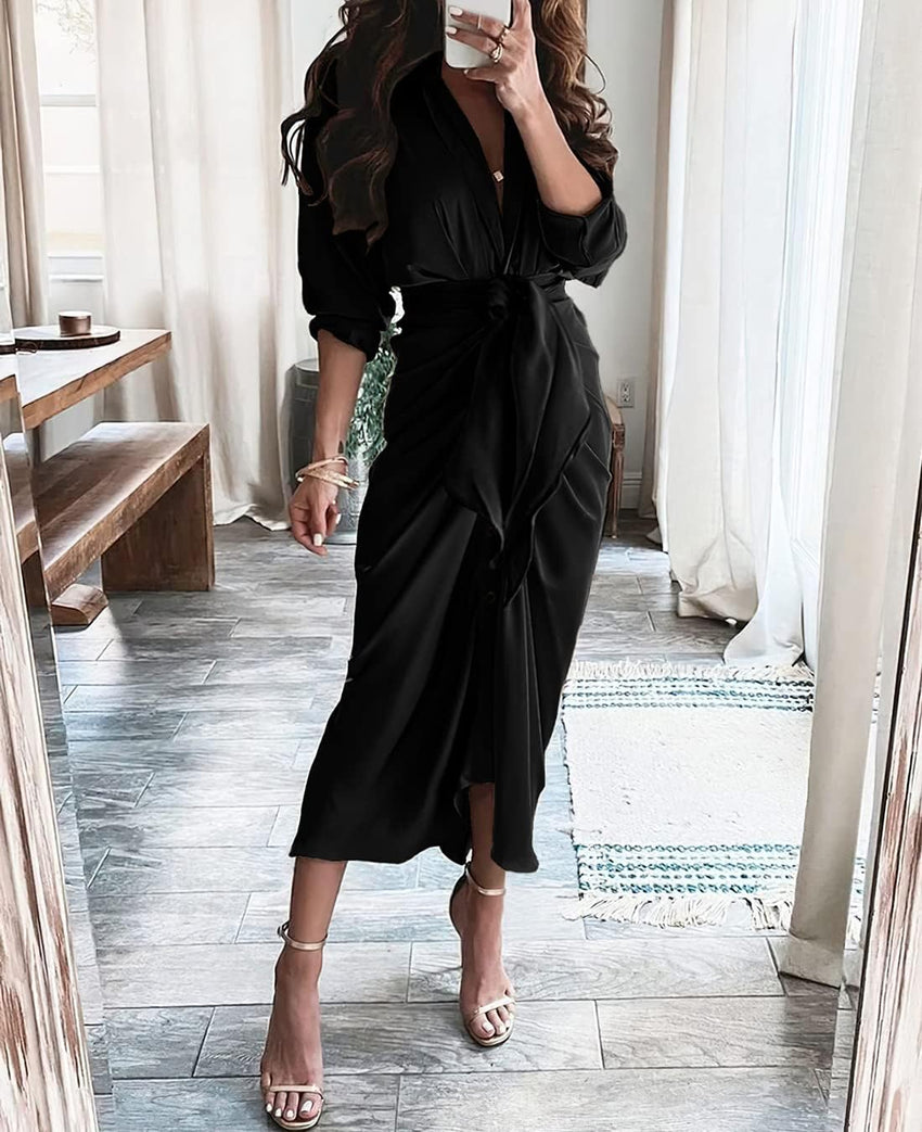 BTFBM Summer Dresses for Women 2025 Long Sleeve Lapel V Neck Button Down Elegant Belted Ruched Satin Shirt Fall Dress