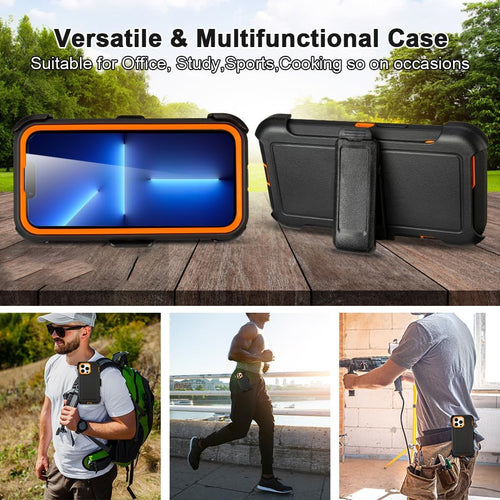 for iPhone 13 Pro Max Case with Clip Belt Holster, Heavy Duty Military Grade Drop Protective Case for iPhone 13 Pro Max 6.7" case (Black+Orange)