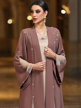 Handmade Beaded Open Front Robe Coat, Elegant Long Sleeve Outerwear Women's Modest Cover-Up, NO INNER, Mauve Brown