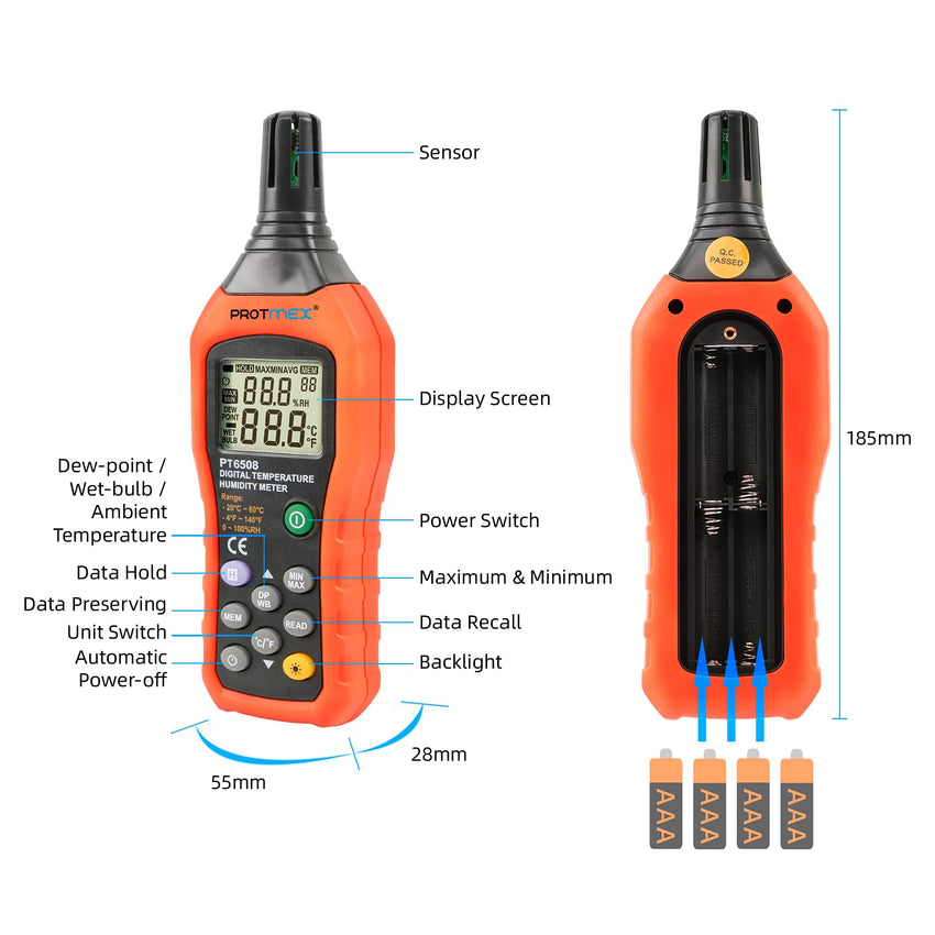 PT6508 Temperature Humidity Meter, Digital Thermometer Hygrometer Monitor with Ambient, Dew Point, Wet Bulb for Indoor/Outdoor MIN, MAX, Data Hold, LCD Backlight