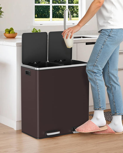 Arlopu 16 GallonStainless Steel Trash Can, 60L Dual Compartment, Metal Kitchen Step Recycle Bin, Metal Double Dustbin, in-Home Garbage Rubbish Can W/Removable Liner Buckets (Brown)