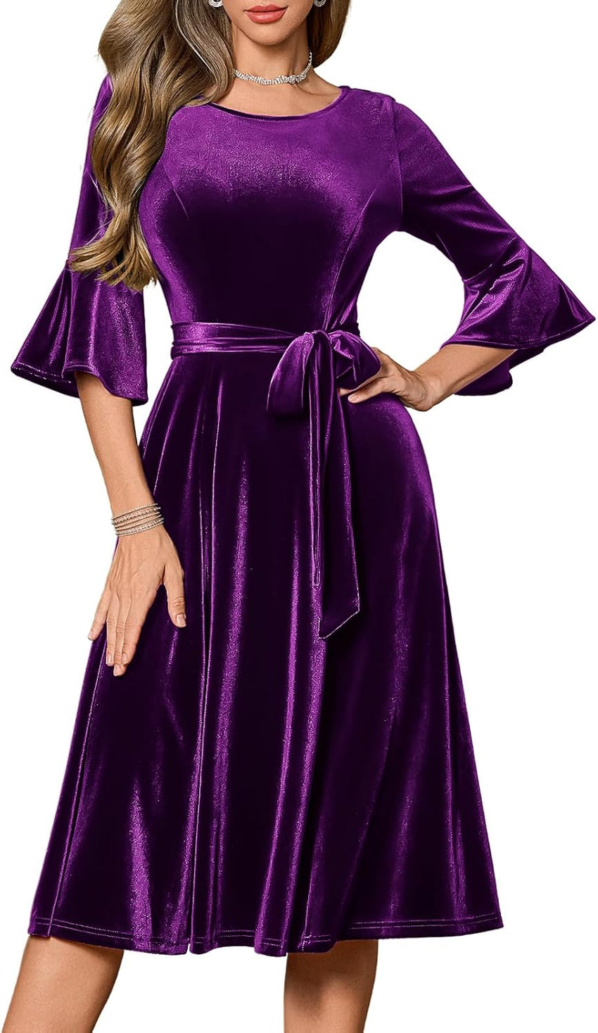 HomRain Women's Long Sleeve Velvet Midi Dresses for Wedding Guest Church Formal Winter Christmas Cocktail Party