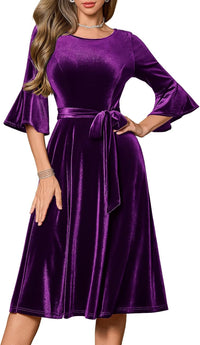 HomRain Women's Long Sleeve Velvet Midi Dresses for Wedding Guest Church Formal Winter Christmas Cocktail Party