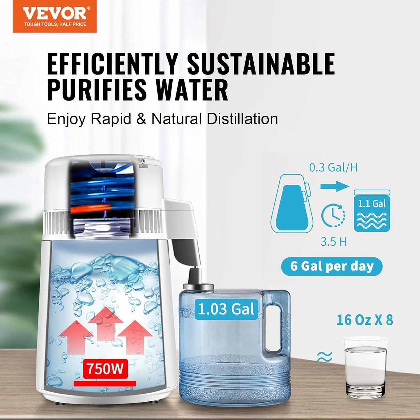 VEVOR Water Distiller, 1.1 Gal Distilled Water Machine, 750W Pure Water Distilling w/BPA Free Plastic Container, Water Distillation Kit w/Button, Countertop Distilled Water Maker for Home, White