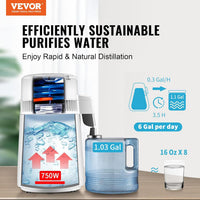 VEVOR Water Distiller, 1.1 Gal Distilled Water Machine, 750W Pure Water Distilling w/BPA Free Plastic Container, Water Distillation Kit w/Button, Countertop Distilled Water Maker for Home, White