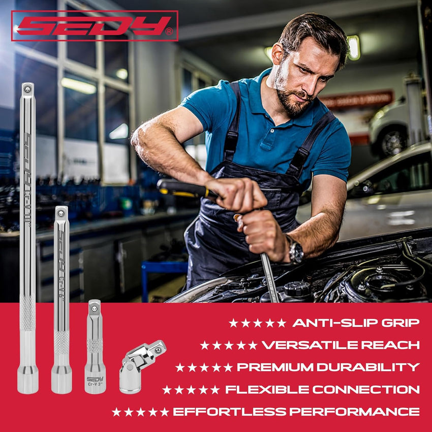 4-Piece 3/8" Drive Socket Extension Bar Set, Professional Socket Extension Set Include 3, 6, and 10 Inch Extensions and 3/8 Inch drive Universal Joint Sockets, Premium Cr-V Steel Construction