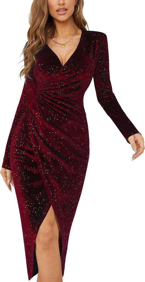 V Neck Long Sleeve Velvet Bodycon Midi Dress Glitter Ruched Formal Cocktail Party Dresses