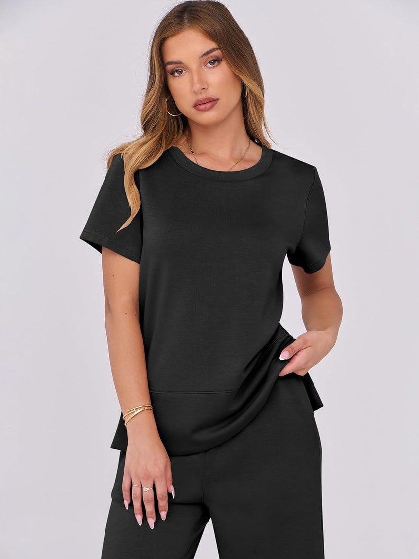 ANRABESS Women 2 Piece Lounge Sets Summer Travel Sweat Outfits Short Sleeve Wide Leg Casual Matching Tracksuits Clothes