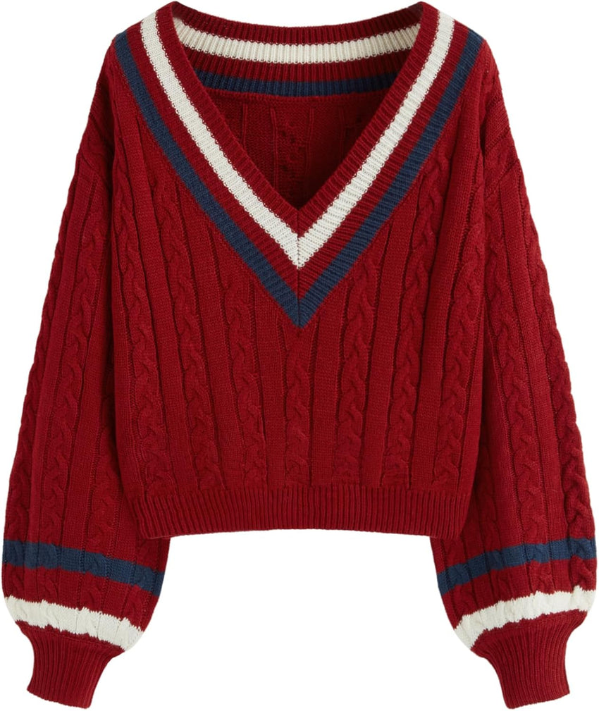 CIDER Cable Knit Sweater Women V Neck Long Sleeve Pullover Striped Trim Regular Fit Knit Top Fall Sweaters