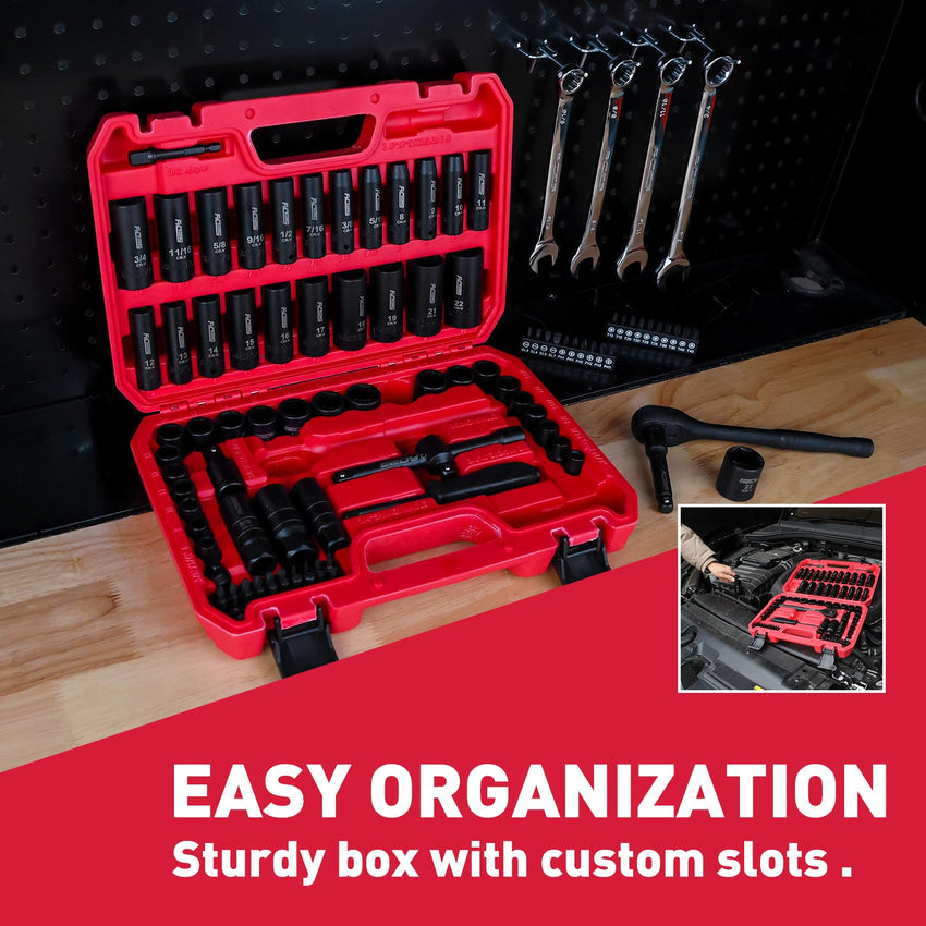 29-Piece 1/2" Drive Impact Socket Set, SAE (3/8 to 1 inch) and Metric (10-24mm) Sizes with Extension Bars Standard Deep Socket Set CR-V Material High Durability Impact Wrench