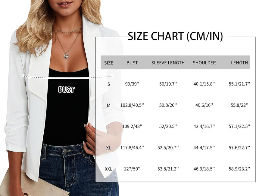 Mina Self 2025 Fall Women's 3/4 Ruched Sleeve Blazer - Cropped Open Front Shawl Collar Casual Light Office Work Jacket