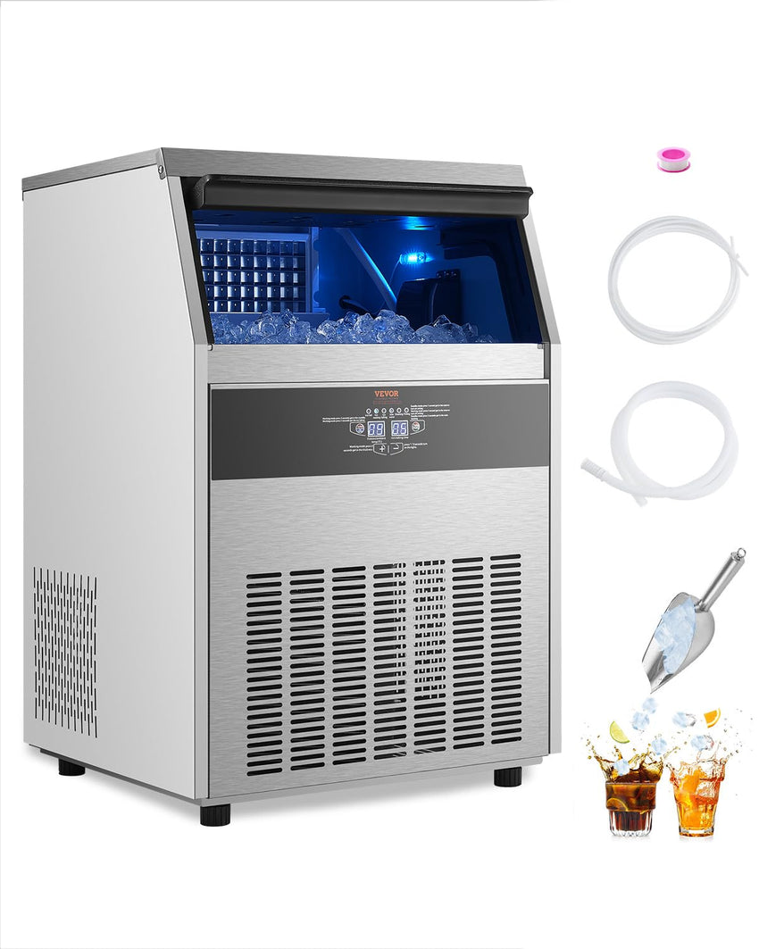 VEVOR Commercial Ice Maker Machine, 130Lbs/24H with 33Lbs Storage, 45 Cubes per Cycle, Stainless Steel Freestanding & Under Counter Ice Maker with LED Display & Self-Cleaning, for Home Bar Restaurant