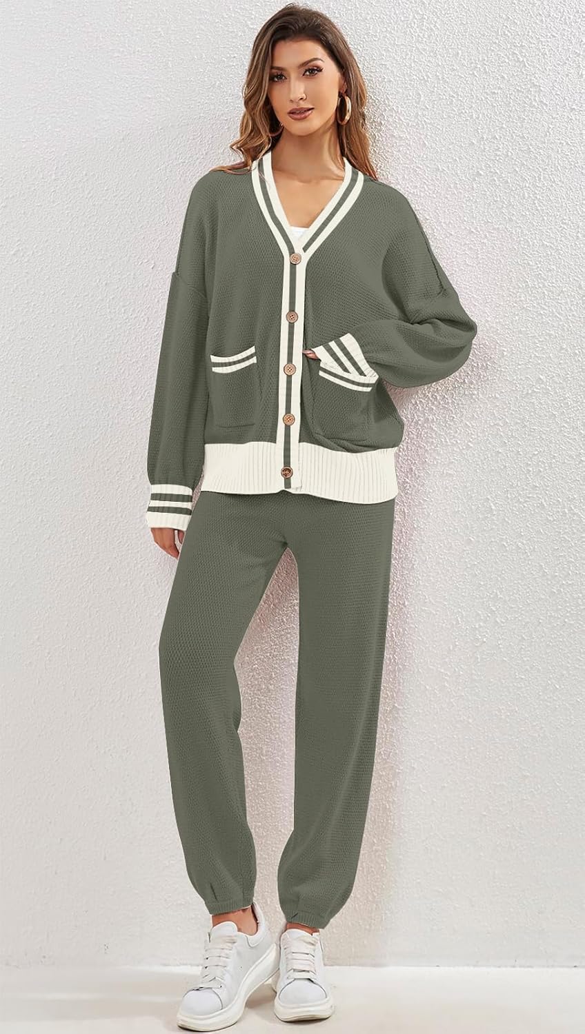 Women's 2 Piece Outfit Lounge Set Trendy Cardigan Sweater Pants Sets V Neck Button Pocket Knit Matching Loungewear