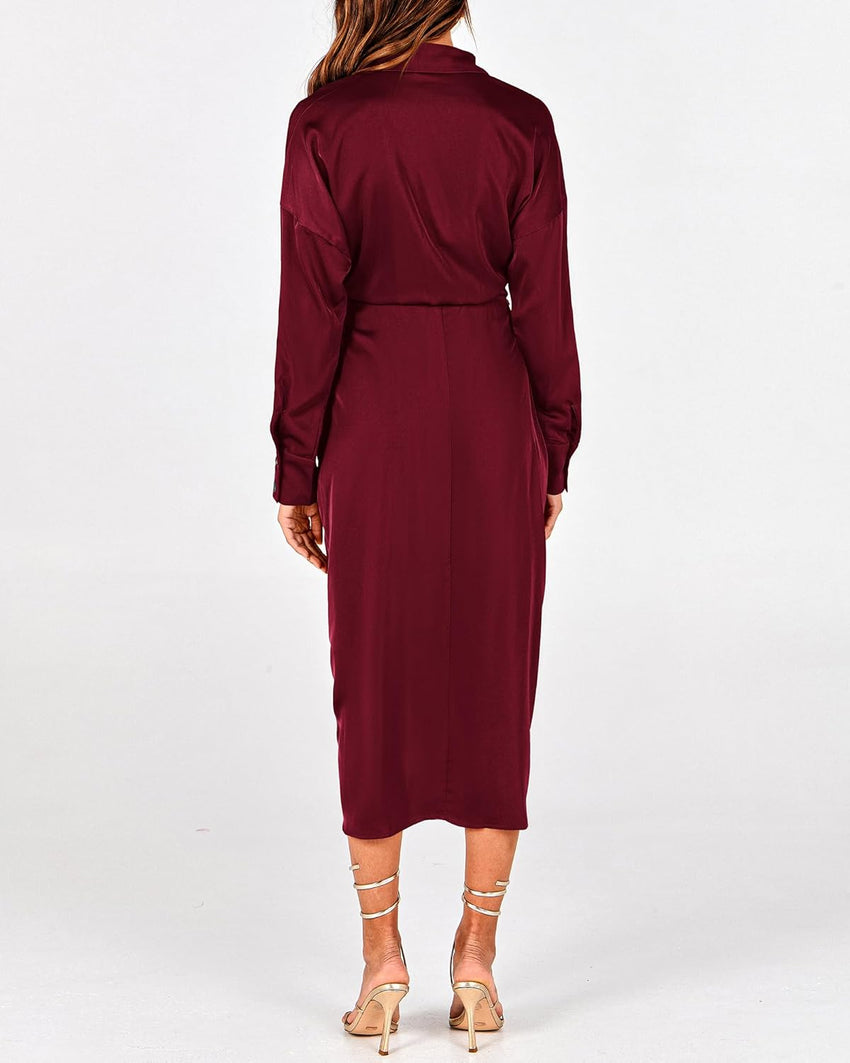 BTFBM Summer Dresses for Women 2025 Long Sleeve Lapel V Neck Button Down Elegant Belted Ruched Satin Shirt Fall Dress