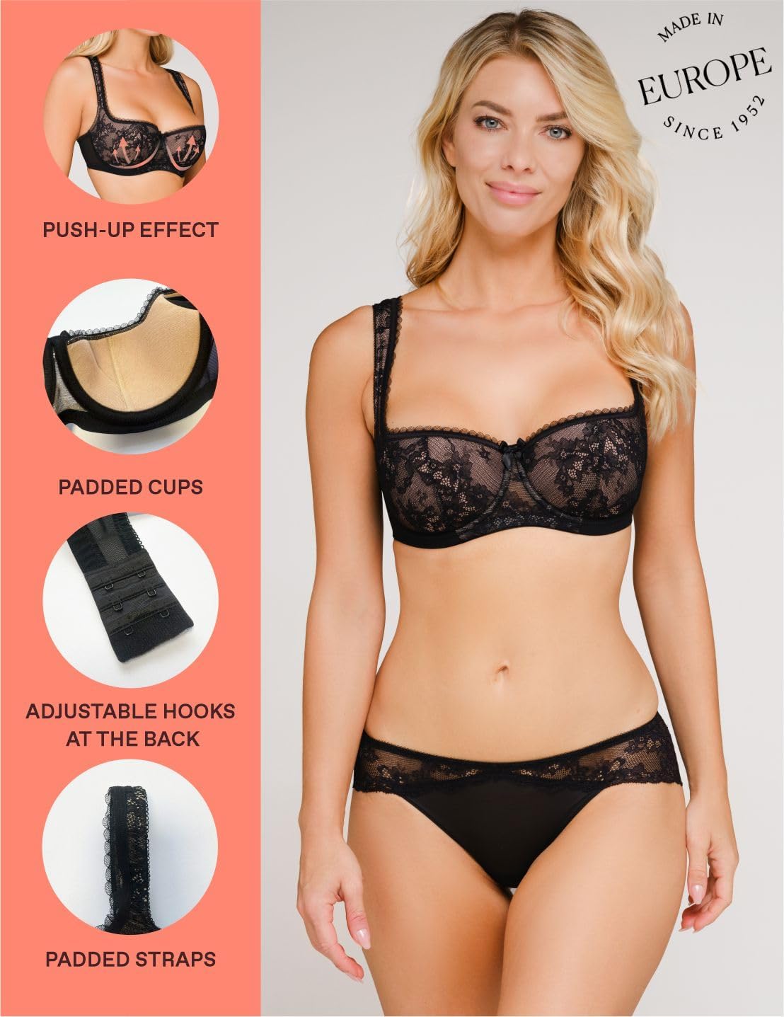 Rosme Women's Balconette Bra with Push Up Effect Plus Size Sexy Lace Demi Half Cup Bra Underwired Low Cut Mesh Bras Eliza