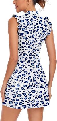 WOWENY Tennis Dress Polo Buttons Golf Dresses with Built in Shorts and Pockets Ruffle Sleeveless Athletic Workout Dress