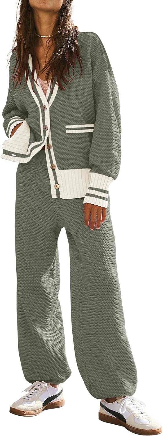 Women's 2 Piece Outfit Lounge Set Trendy Cardigan Sweater Pants Sets V Neck Button Pocket Knit Matching Loungewear