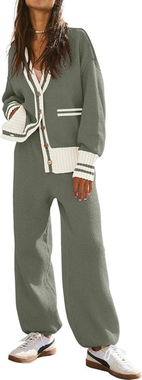 Women's 2 Piece Outfit Lounge Set Trendy Cardigan Sweater Pants Sets V Neck Button Pocket Knit Matching Loungewear