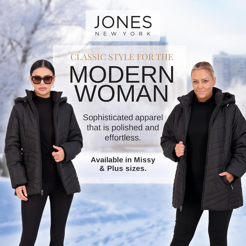 Jones NY Women's Puffer Jacket Zippered Removable Bungee Hood Womens Winter Coat