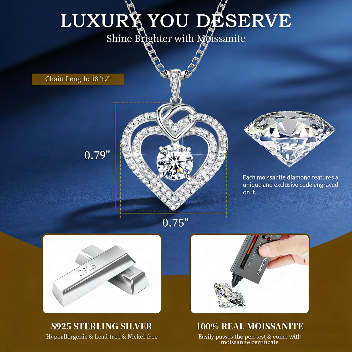 Luxury Moissanite Heart Necklace for Women – 925 Sterling Silver Heart Pendant, Sparkling Jewelry Gift for Wife, Girlfriend, Mom & Daughter