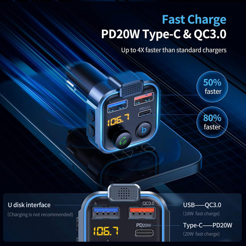 UNBREAKcable Bluetooth 5.3 FM Transmitter for Car, [PD 20W + QC 3.0] [Stronger Microphone & HiFi Bass Sound] Cigarette Lighter Radio Music Adapter Charger, Supports Hands-Free Siri Google Assistant