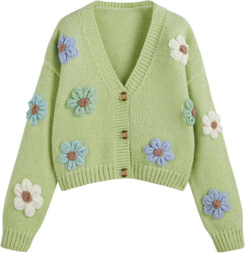 CIDER Women’s Floral Cropped Cardigan Cute Flower V Neck Button Down Trendy Sweater