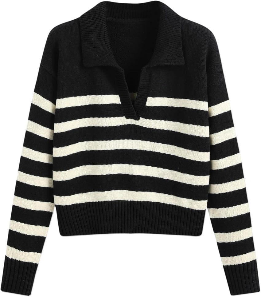 CIDER Women’s Polo Sweater Striped Collared Lightweight Long Sleeve V Neck Pullover Fall Sweater Tops 2025