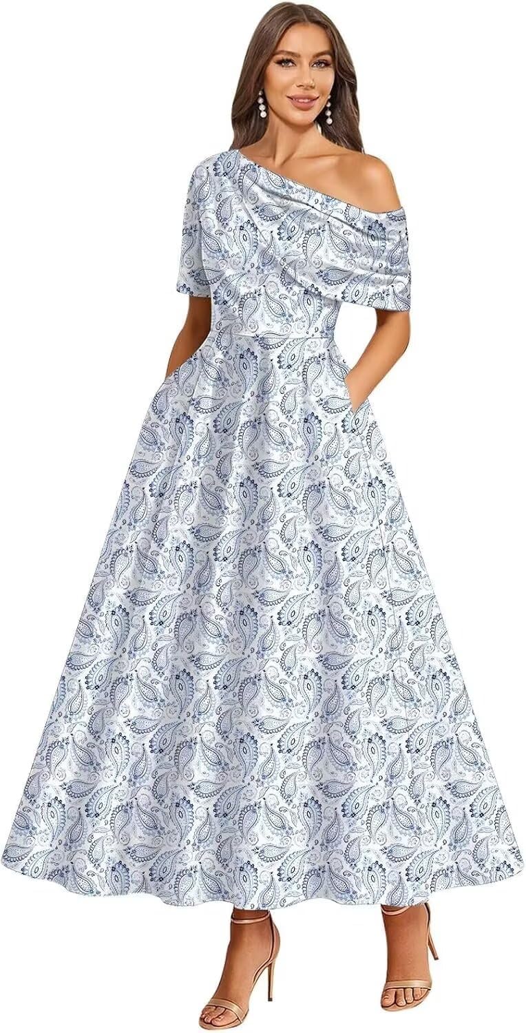 Tea Length Mother of Bride Dresses for Women Satin One Shoulder Wedding Guest Dress Formal Evening Party Gown with Pocket