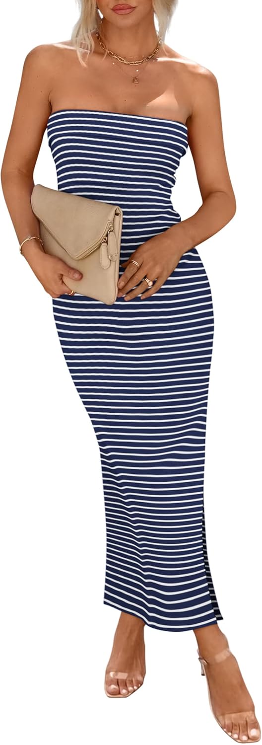 PRETTYGARDEN Women's Summer Bodycon Maxi Tube Dress Ribbed Strapless Side Slit Long Going Out Casual Elegant Party Dresses