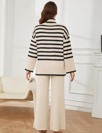 Tanming Women's Sweater Sets Long Sleeve Striped Jumper Tops Casual Knit Wide Leg Pants Sets