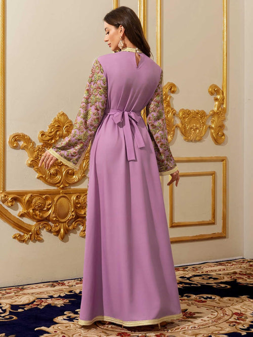 Abaya for Women Floral Embroidered Muslim Dress V-Neck Arabian Maxi Robe