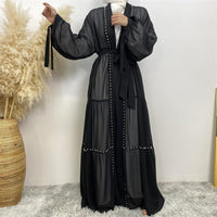 Abayas For Women Muslim Ramadan Long Sleeve Open Front Imitation Pearls Tiered Chiffon Dress Cardigan with Belt Dubai Kaftan