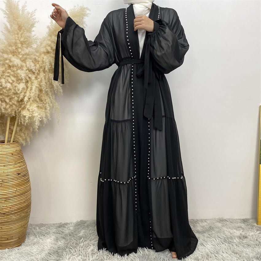 Abayas For Women Muslim Ramadan Long Sleeve Open Front Imitation Pearls Tiered Chiffon Dress Cardigan with Belt Dubai Kaftan