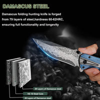 Damascus Pocket Knife for Men, Folding Knife Outdoor Tactical Knives for Hunting Fishing Camping, 3.7" Handmade Damascus Steel Blade, Liner Lock, Christmas Gifts for Men Women Dad Husband Boyfriend