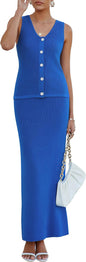 Arach&Cloz Women's Lightweight 2 Piece Sets Summer Vacation Button Top and Maxi Skirt Outfits 2025
