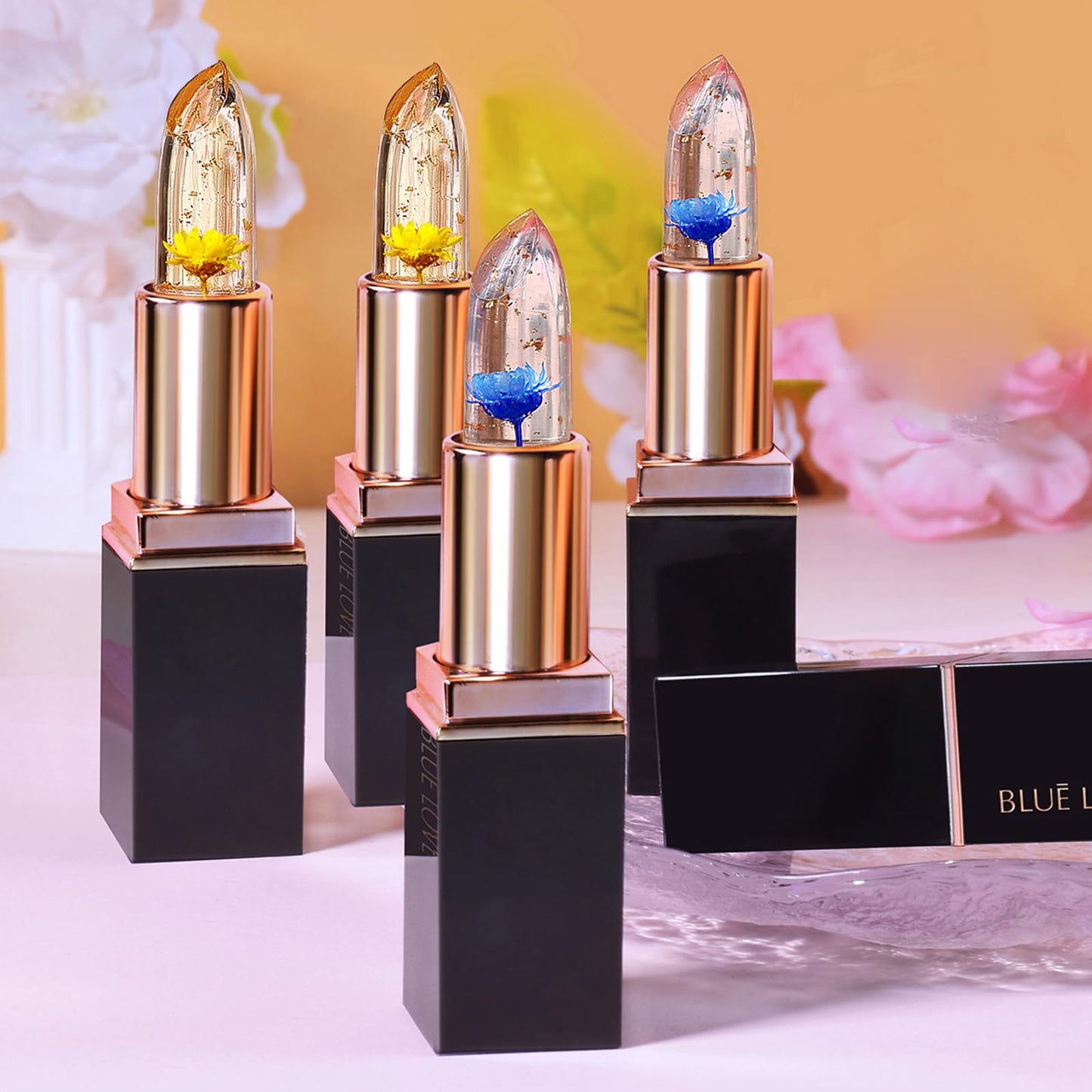 BLUE LOVE Color Changing Flower Lipstick - Hydrating Jelly Lip Balm with Flower, Long-Lasting Moisturizer & Nourishing Lip Gloss (Blue&Gold, 2 Count (Pack of 1))