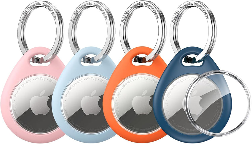 UNBREAKcable AirTag Holder for Apple - 4 Pack Air Tag Case [Fit Tightly Design] [Easy to Install] [Hold Securely] Waterproof TPU Protective Cover with Metal Keychain for Kids,Pet,Luggage,Backpack,Keys