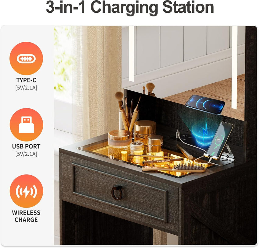 Makeup Vanity Desk with Mirror and Lights,Small Vanity Desk Set with Charging Station & Glass Top,Compact Dressing Table with Jewelry Cabinet & Storage Wheel Stool for Bedroom, Rustic Brown