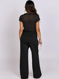 ANRABESS Women Two Piece Outfits Crochet Sheer Knit Sweater Top Wide Leg Pants Lounge Matching Sets Sweatsuit Travel Clothes