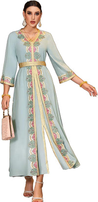 Elegant Floral Embroidered Kaftan Maxi Dress, Handcrafted Abaya 3/4 Sleeve with Gold Trim, V-Neck, Light Blue
