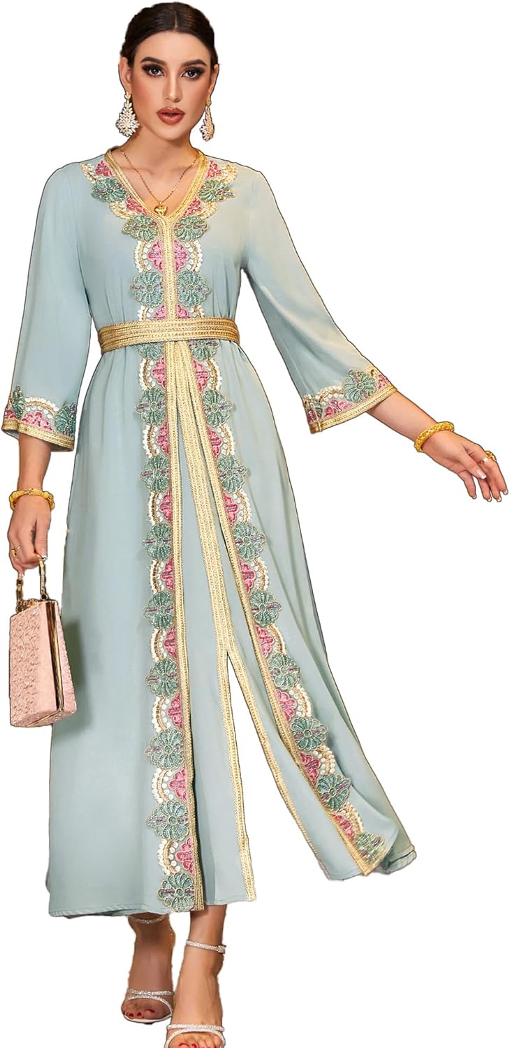 Elegant Floral Embroidered Kaftan Maxi Dress, Handcrafted Abaya 3/4 Sleeve with Gold Trim, V-Neck, Light Blue