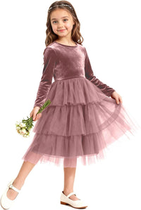 Christmas Dress Girls Velvet Tulle Puffy Long Sleeve Formal Party Dresses Princess Birthday Wedding Guest Dress