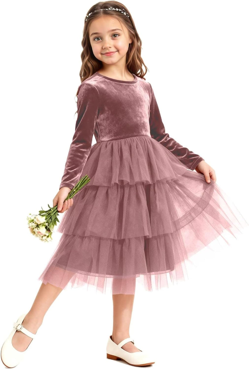 Christmas Dress Girls Velvet Tulle Puffy Long Sleeve Formal Party Dresses Princess Birthday Wedding Guest Dress