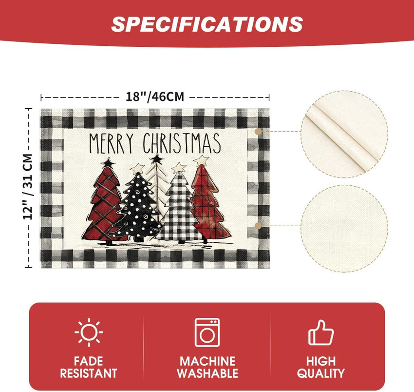 Artoid Mode Waterclor Buffalo Plaid Christmas Trees Placemats Set of 4, 12x18 Inch Winter Table Mats for Outdoor Home Party Kitchen Dining Decor