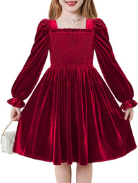 Arshiner Toddler Velvet Dress Girls Smocked Square Neck Puff Long Sleeve Party Dresses with Pockets 3-8Y
